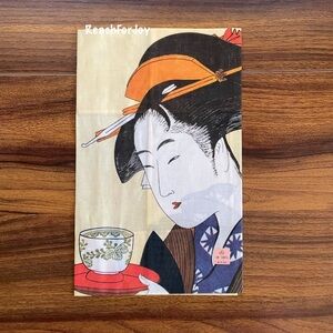 Vintage Ivory Colored Linen Fabric Japanese Geisha Girl Tea Handkerchief
